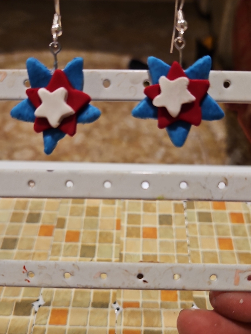 Star Layered Dangle Earrings in Blue, Red & White